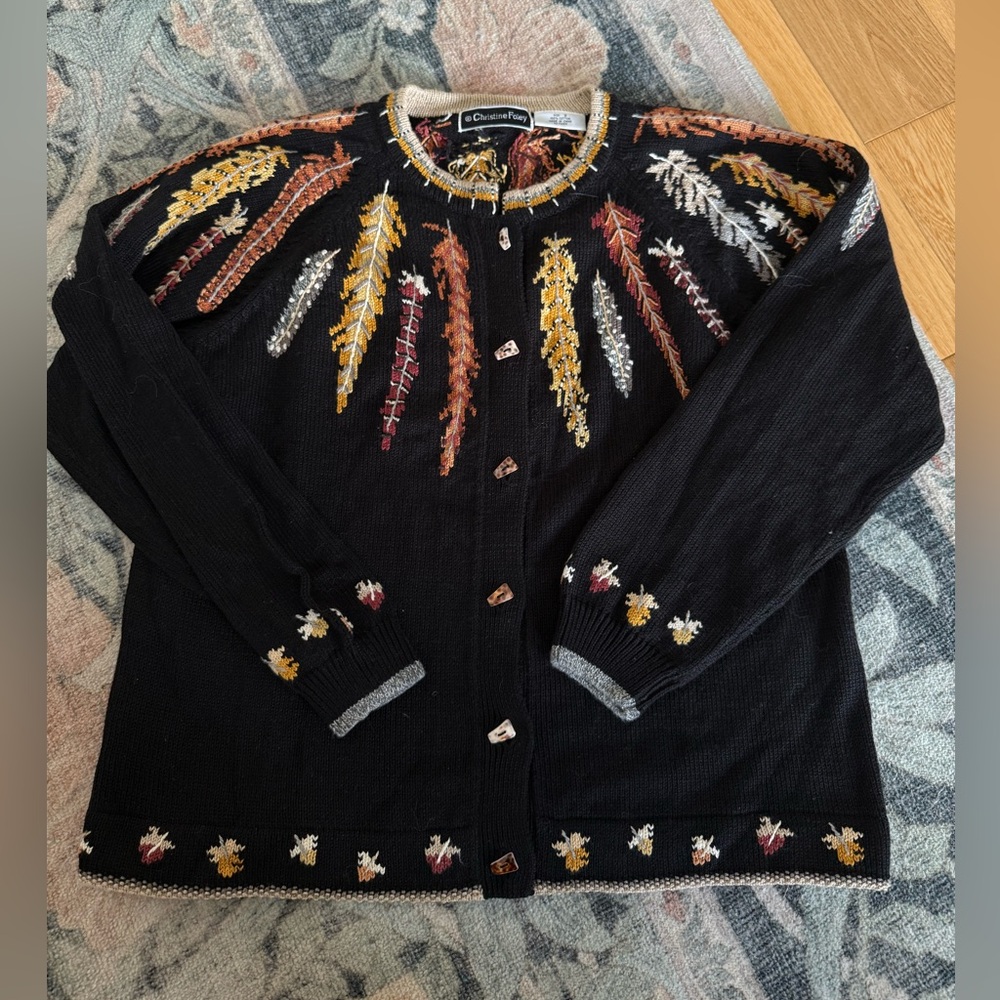 Vintage Christine Foley 2X Knit Fall Leaf Cardigan Sweater Cottagecore